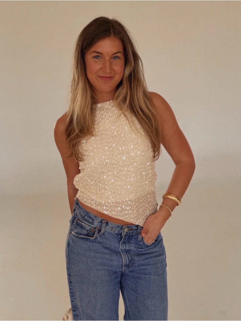 Trendy Boutique OffWhite Cream Sequin Angle Hem Top Medium BNWT